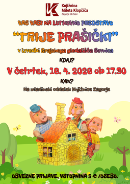 Lutkovna predstava Trije prašički, četrtek, 16. 4. 2026, ob 17:30